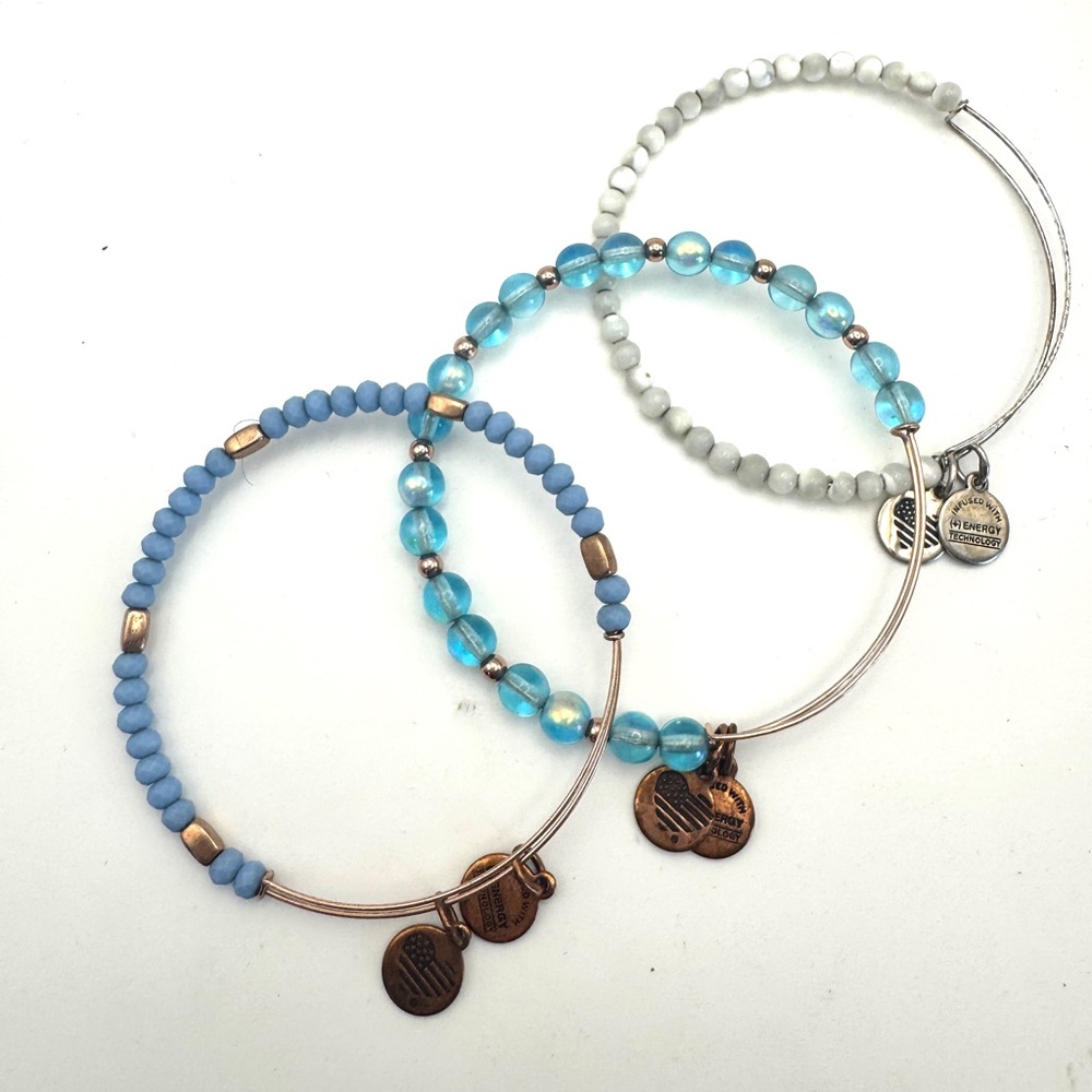 Alex and Ani Set of 3 Blue and White Beaded energy charms healing Bracelets